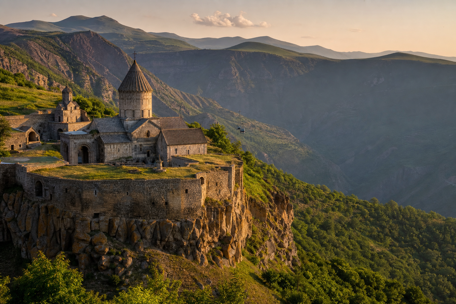 Tatev Monastery perched on a cliff above Vorotan Gorge in southern Armenia