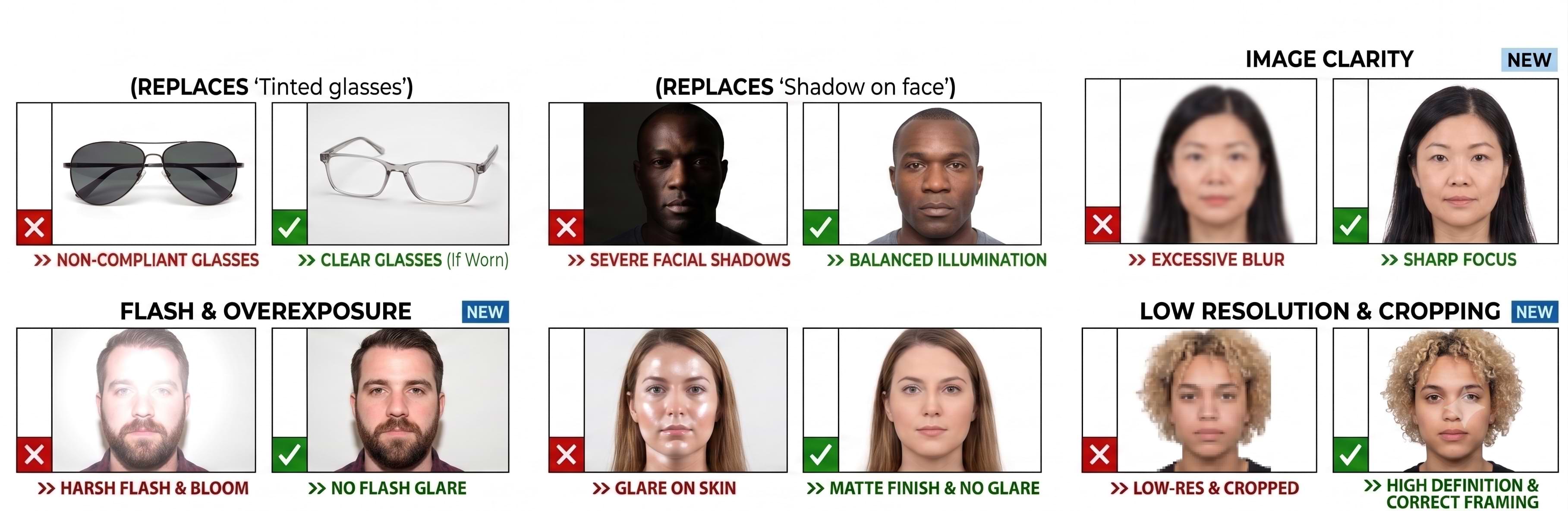 Armenia eVisa facial photo requirements chart comparing incorrect and correct photographs for glasses, shadows, blur, flash, skin glare and resolution