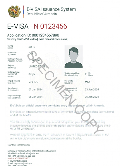 Sample Armenia e-Visa approval document showing reference number, validity dates and entry conditions